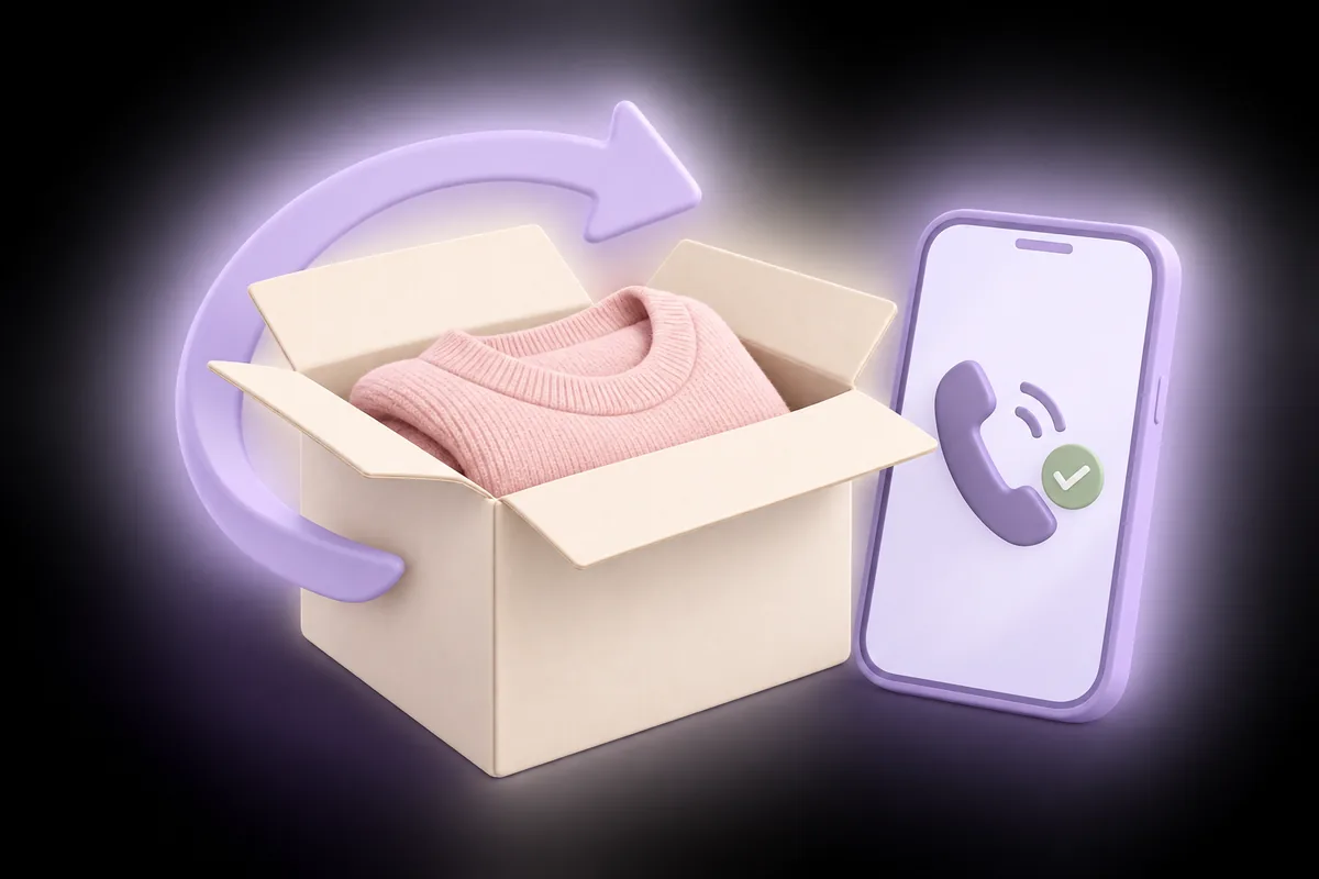 반품 상자에 담긴 분홍색 옷과 연락처 확인을 나타내는 휴대폰 일러스트
